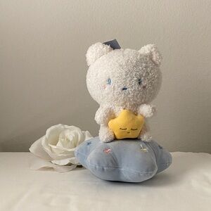 Cute White Bear Plush on Blue Pillow